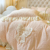 Cifeeo-Autumn and Winter Bedding Set Winter Warm Carved Velvet Bedding Set Pink Princess Lace Ruffles Removable Bow Duvet Cover Set Bedskirt Bedspread Pillowcases