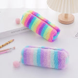 Cifeeo-Back To School Gifts Rainbow Pencil Case Plush Estuches Escolares Pencilcase Gradient Color Large Capacity Kalemlik School Supplies Pencil Pouch