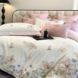 Cifeeo-100% Egyptian Cotton Bedding Set with Flowers Embroidery, Duvet Cover, Bed Sheet, Fitted Sheet, Pillowcases, White, Pink