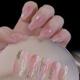 Cifeeo- Pink Simple Gradient Detachable Coffin False Nails Wearable Gold Foil Sequins Fake Nails Full Cover Nail Tips Press On Nails