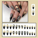 Cifeeo-Halloween Nails Rose Rhinestone Halloween Fake Nails Full Cover False Nails Detachable Press on Nails Long Ballet Nail Women Girl 24pcs Nail Art