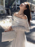 Cifeeo-Autumn Fashion White Knitted Dress Women Elegant Sexy Off Shoulder Slim A-Line Robe Korean Spring Casual Long Sleeve Clothing