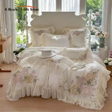 Cifeeo-Flowers Embroidery Lace Ruffles French Princess Wedding Bedding Set Lyocell Cotton Soft Silky Duvet Cover Bed Sheet Pillowcases