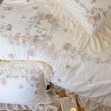 Cifeeo-Romance Vintage Rose Flowers Embroidery Lace Ruffles Bedding Set, Duvet Cover, Bed Sheet, Pillowcases, 1000TC Egyptian Cotton