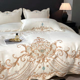 Cifeeo-Milkshake White Luxury Gold Embroidery 60S Satin Cotton Bedding Set Silky Duvet Cover Set 2 Pillowcases Flat sheet, Without Core