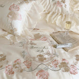 Cifeeo-Romance Vintage Rose Flowers Embroidery Lace Ruffles Bedding Set, Duvet Cover, Bed Sheet, Pillowcases, 1000TC Egyptian Cotton