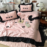 Cifeeo-1Pc Korean Style Princess Black Bow Ruffles Summer Quilt Soft Skin-friendly Washed Seersucker Blanket Bedspread 150X200/200X230