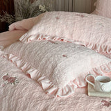 Cifeeo-4Pcs Pink Thickened Warm Winter Milk Velvet Flowers Embroidery Ruffles Bedding Set Quilted Rose Duvet Cover Bed Sheet Pillowcase