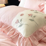 Cifeeo-100% Cotton Vintage Pink Red Rose Flowers Embroidery Wedding Bedding Set Princess Ruffles Duvet Cover Set Bed Sheet Pillowcases