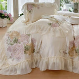 Cifeeo-Flowers Embroidery Lace Ruffles French Princess Wedding Bedding Set Lyocell Cotton Soft Silky Duvet Cover Bed Sheet Pillowcases