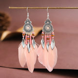 Cifeeo-Christmas Gift New Year's Eve Gift Bohemian Ethnic Feather Drop Earrings For Women Elegant Wood Beads Leaf Long Tassels Dangle Earring Girls Fashion Party Jewelry