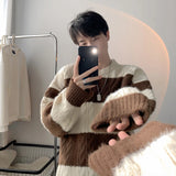 Cifeeo-Winter Outfits Men chill guy Men's O Neck Patchwork Knitted Pullover Sweater Casual Vintage Loose Light Luxury Korean Popular Long Sleeve Winter Clothing