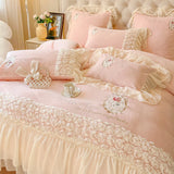 Cifeeo-Autumn and Winter Bedding Set Pink Romantic French Rose Bedding Set, Velvet Fleece Duvet Cover, Lace Ruffles, Flowers Embroidery, Bed Sheet, Pillowcases