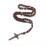 Cifeeo-Christmas Gift New Year's Eve Gift Handmade Wood Beads Rosary Necklace For Women Men Crucifix Cross Pendant Long braided Rope Chain Religious Prayer Jewelry