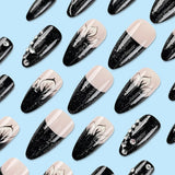 Cifeeo-Halloween Nails 24pcs Black Edged Fake Nails Detachable Almond flower Diamond False Nails Press on Nails French Ballerina Halloween Nails Art