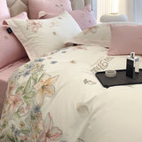 Cifeeo-100% Egyptian Cotton Bedding Set with Flowers Embroidery, Duvet Cover, Bed Sheet, Fitted Sheet, Pillowcases, White, Pink