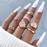 Cifeeo-Christmas Gift New Year's Eve Gift Bohemia Geometric Colorful Enamel Kunckle Ring Set For Women Butterfly Heart Sign Finger Ring Female Daily Jewelry