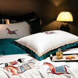 Cifeeo-high-end 100S Egyptian Cotton Luxury Galloping Horse Embroidery Bedding Set White Orange Duvet Cover Set Bed Sheet Pillowcases