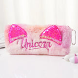 Cifeeo-Back To School Gifts Sequins Ears Pencil Case School Supplies Pencil Pouch Estuche Escolar Embroidery Cartoon Cute Stationery Plush Pencil Case Girls