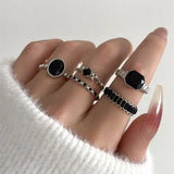 Cifeeo-Christmas Gift New Year's Eve Gift Retro Black Crystal Stone Ring Set For Women Vintage Geometric Knuckle Joint Ring Female Fashion Party Jewelry Accessories