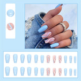 Cifeeo Fashion Pink Blue Blooming French Tips Coffin Fake Nail Tips With Designs Ballerina False Nails Set Press On Nails DIY Manicure