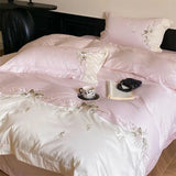 Cifeeo-lily of the valley Embroidery Bedding Set 1000TC Egyptian Cotton Chic Flowers Duvet Cover Set Flat/Fitted Bed Sheet Pillowcases