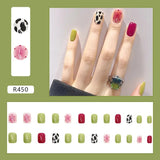 Cifeeo- Summer False Nail Manicure Patch Wearable Nail Finished Cow Pattern Short Square Fack Nail With Wearing Tool