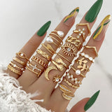 Cifeeo-Christmas Gift New Year's Eve Gift Bohemian Geometric Knuckle Rings Set For Women Eye Cross Sun And Moon Leaf Charm Finger Ring Female Fashion Party Jewelry