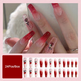 Cifeeo Long Ballerina False Nails With Designs Gradient Blood Red Fake Nails Press On Nails French Coffin Rose Flower Nail Tips