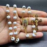 Cifeeo-Christmas Gift New Year's Eve Gift White Wooden Rosary Necklace For Women Crucifix Cross Pendant Long Chain Necklace Men  Religious Catholic Prayer Jewelry