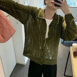 Cifeeo-Winter Outfits Men chill guy Men's Hollow Out Knit Luxury Cardigan Sweater Leisure Long Sleeve Solid Color Vintage Korean Popular Button-down Knitwear