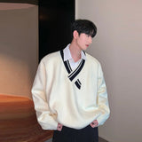 Cifeeo-Winter Outfits Men chill guy Men's Clothing Korean Popular Knitted V Neck Long Sleeve Patchwork Pullover Sweaters Light Luxury Leisure Preppy Knitwear M-3XL