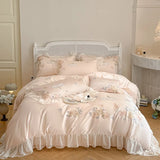Cifeeo-Rose Flowers Embroidery Lace Ruffles Bedding Set Lyocell Cotton Soft Silky Cooling Duvet Cover Flat/Fitted Bed Sheet Pillowcases