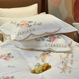 Cifeeo-Peony Flower Embroidery Bedding Set 100S Egyptian Cotton Duvet Cover Set Bed Sheet Or  With Rubber Band Fitted Sheet Pillowcases