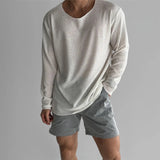 Cifeeo-Winter Outfits Men chill guy Spring Men's O Neck Casual Style Hollow Out Knit T-shirt Korean Popular Luxury Long Sleeve Retro Leisure Pullover Basic Shirts
