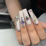 Cifeeo 24Pcs False Nails With Glue Flower Design Long Coffin French Ballerina Fake Nails Full Cover Acrylic Nail Tips Press On Nails