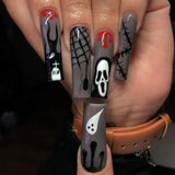 Cifeeo-Halloween Nails 24Pcs Long Coffin False Nails Halloween Fire Designs Wearable French Ballerina Fake Nails Press On Full Cover Manicure Nail Tips