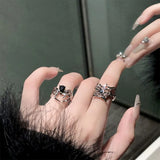 Cifeeo-Halloween Jewelry Gothic Irregular Black Crystal Spider Webs Ring For Women Dark Animal Hip Hop Punk Opening Finger Rings Halloween Jewelry Gifts