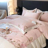 Cifeeo-Rose Flowers Embroidery Bedding Set, Pink 600TC Egyptian Cotton, Duvet Cover, Bed Sheet, Fitted Sheet, Pillowcases, Luxury, 4Pcs