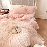 Cifeeo-Autumn and Winter Bedding Set Pink Romantic Rose Lace Ruffles Patchwork Bedding Set, Velvet Fleece Duvet Cover, Bed Sheet, Pillowcase, French Princess Wedding