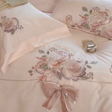 Cifeeo-3/4Pcs Flowers Embroidery Bow Wedding Bedding Set Single Queen King Size Egyptian Cotton Duvet Cover Set Bed Sheet Pillowcases