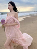 Cifeeo-Christmas Party Dresses  Pink Elegant Pleated High Waist Split Long Dress Women Fashion Backless Halter Strapless Fairy Dress Female 2024 Vestido