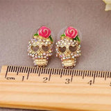 Cifeeo-Halloween Jewelry Vintage Skeleton Pink Rose Flower Stud Earrings For Women Shiny Rhinestone Crystal Skull Earring Halloween Party Ear Jewelry