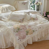 Cifeeo-Flowers Embroidery Lace Ruffles French Princess Wedding Bedding Set Lyocell Cotton Soft Silky Duvet Cover Bed Sheet Pillowcases