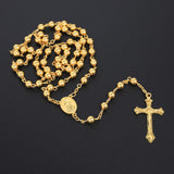 Cifeeo-Christmas Gift New Year's Eve Gift Gold Color Rosary Necklace For Women Men Long 6MM Beads Chain Crucifix Cross Pendant Religious Prayer Party Jewelry Gift