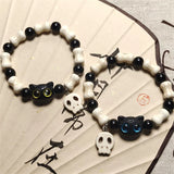 Cifeeo-Halloween Jewelry Black Cat White Head Skeleton Bracelet Cute Cat Claw Bone Resin Beads Braided Rope Stretch Bangle Hallowmas Festival Jewelry