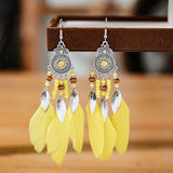 Cifeeo-Christmas Gift New Year's Eve Gift Bohemian Ethnic Feather Drop Earrings For Women Elegant Wood Beads Leaf Long Tassels Dangle Earring Girls Fashion Party Jewelry