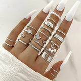 Cifeeo-Christmas Gift New Year's Eve Gift Bohemian Geometric Knuckle Rings Set For Women Eye Cross Sun And Moon Leaf Charm Finger Ring Female Fashion Party Jewelry