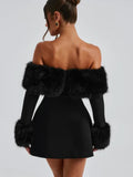 Cifeeo-new years eve outfits Christmas party outfits Women Black Fluffy Faux Fur Backless Mini Dress Fashion Strapless High A-neck Slim Dresses 2024 New Lady Party Gown Vestidos