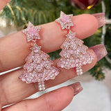 Cifeeo-Christmas gifts Pink Sparkling Zircon Christmas Tree Earrings For Women Full Rhinestone Xmas Tree Dangle Earring Girls Holiday Versatile Jewelry